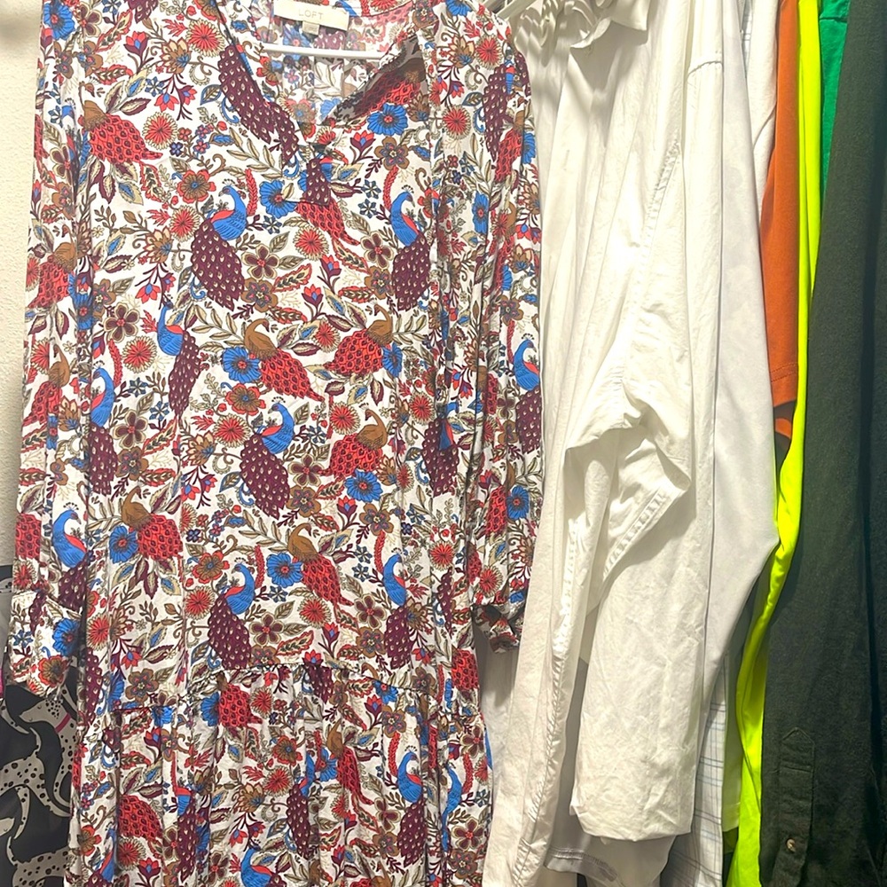 Loft peacock, print, long sleeve flowy dress